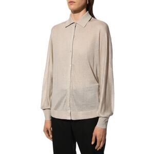 THEORY Beige Long Balloon Sleeve Linen Blend Button Down Shirt Top Blouse Size S